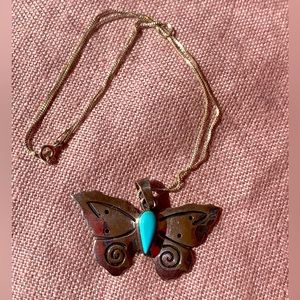 Handmade Native American turquoise butterfly pendant on sterling silver chain